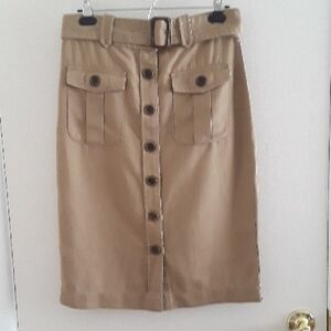 Chic Tan Button-Down Pencil Skirt, Size 6 Cotton & Linen